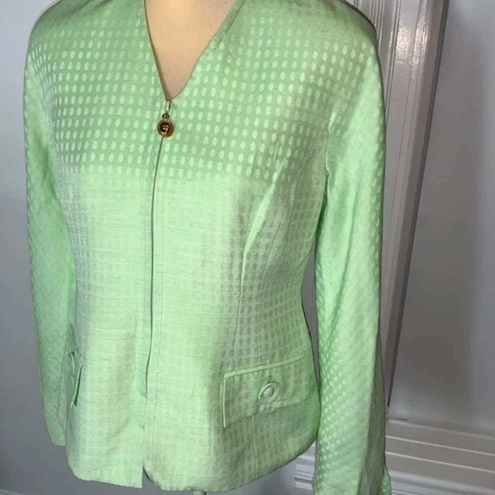 Vintage Christian Dior Zip-Up Long Sleeve Blazer Green and White Sz 8P Designer